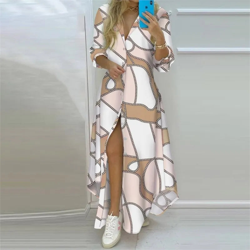 Autumn Women's  A-line Lapel Slit Long Sleeved Elegant Dress