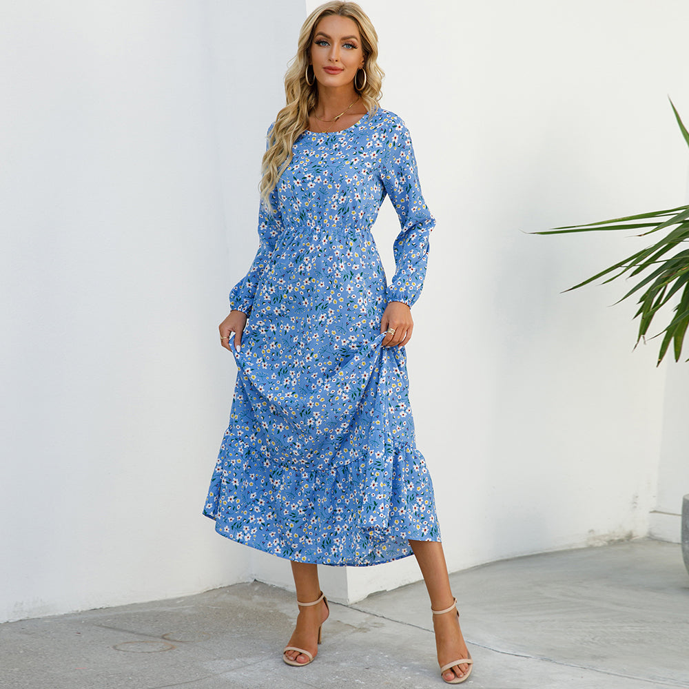 Women Maxi Dress Casual Long Sleeve High Waist   Chiffon Dress