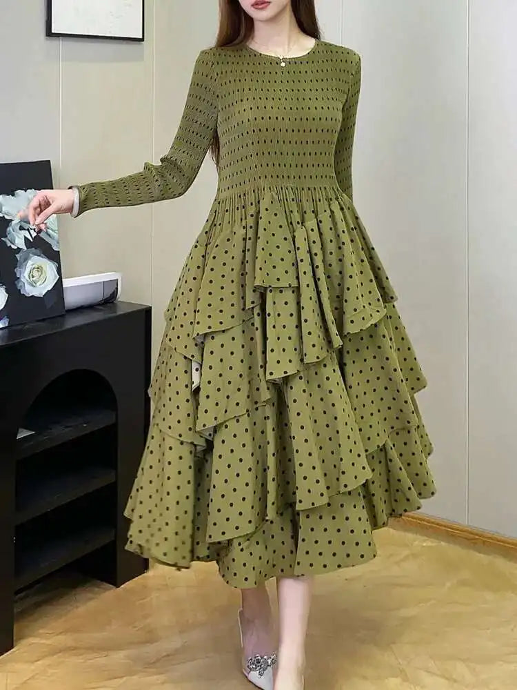 Women's Polka Dot Dress  Design Long Sleeves Ruffles Elegant Dresses