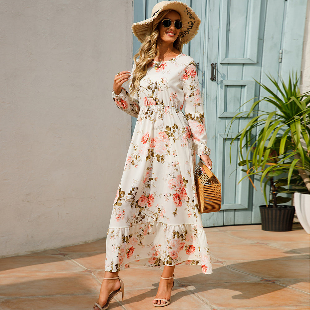 Women Maxi Dress Casual Long Sleeve High Waist   Chiffon Dress