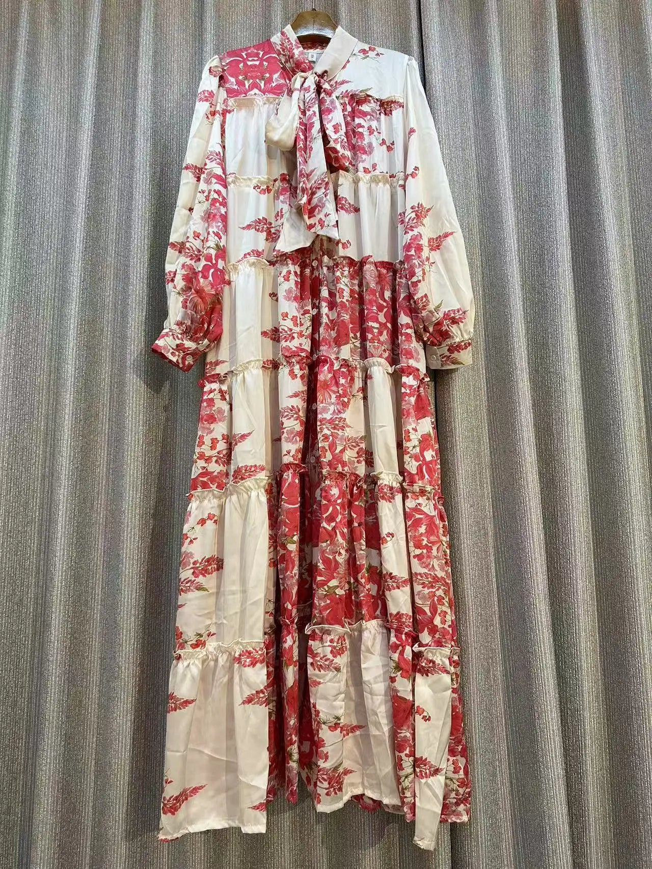 Luxury Dress For Women Print Dress Bow Neck Long Sleeve Loose Fashion  Evening  Swing Dress