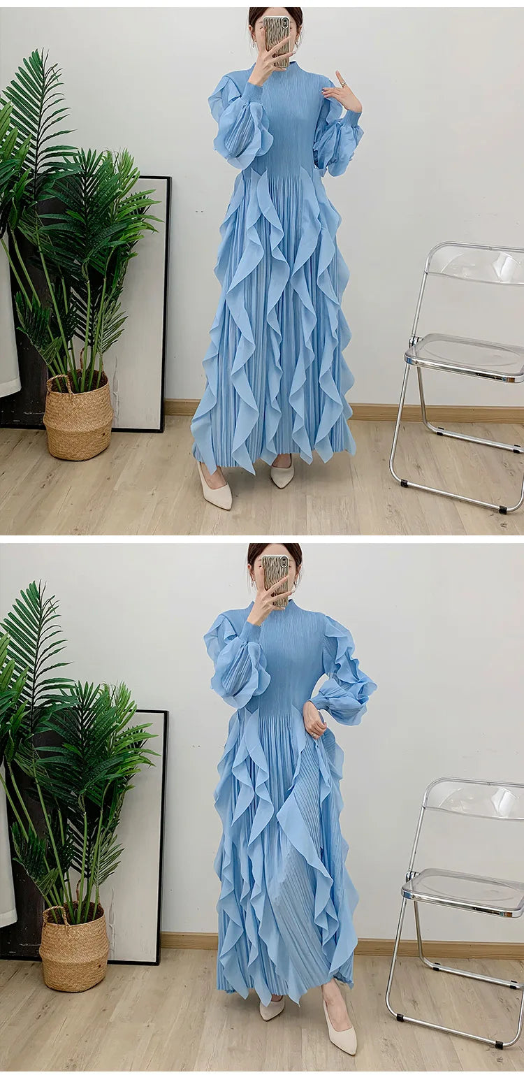 Fashion Ruffles Pleated Dress Women Round Neck Flare Sleeves Solid Maxi Dress