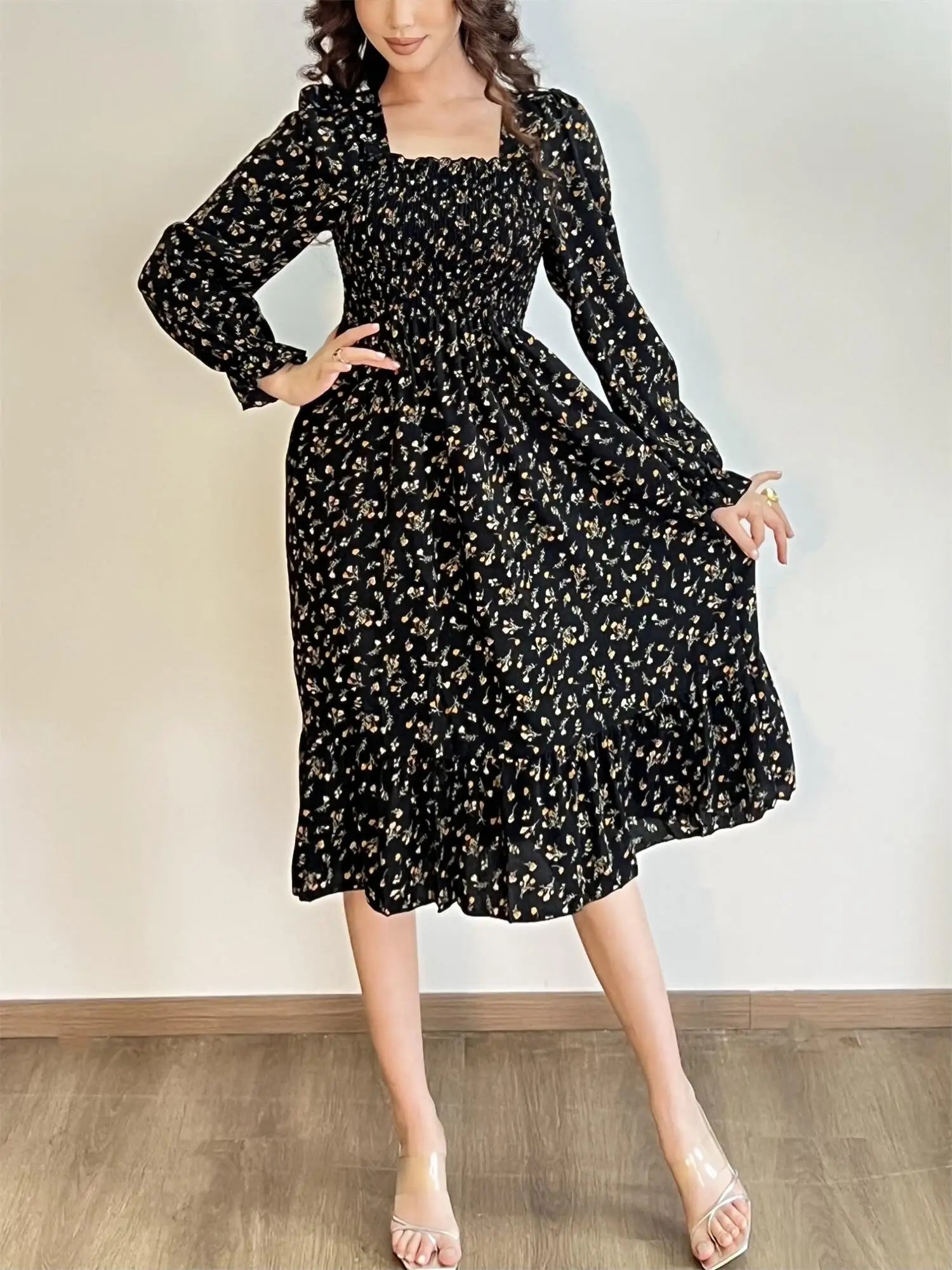 Autumn  Casual Dress Women Chiffon Dresses Long Sleeve A-line Printed Floral Elastic Chest Lace Up Midi Dresses