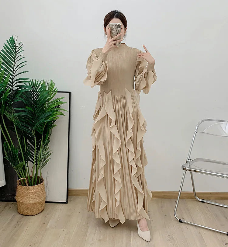 Fashion Ruffles Pleated Dress Women Round Neck Flare Sleeves Solid Maxi Dress