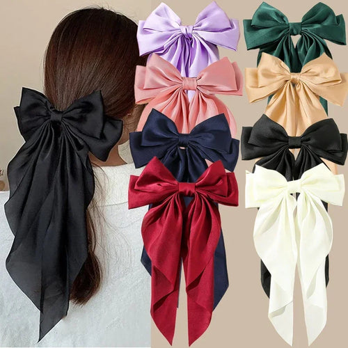 Accessories Hair Clips for Women Girls Big Bowknot Solid Satin Long Ribbon Bows Spring Clamp Barette Cheveux Femme 2023