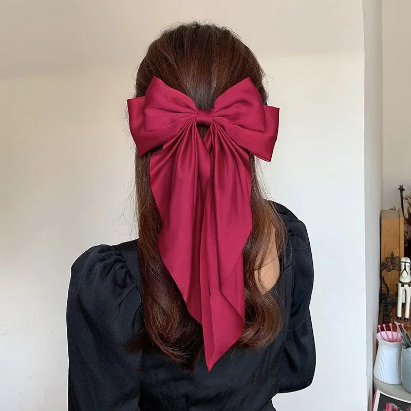Accessories Hair Clips for Women Girls Big Bowknot Solid Satin Long Ribbon Bows Spring Clamp Barette Cheveux Femme 2023