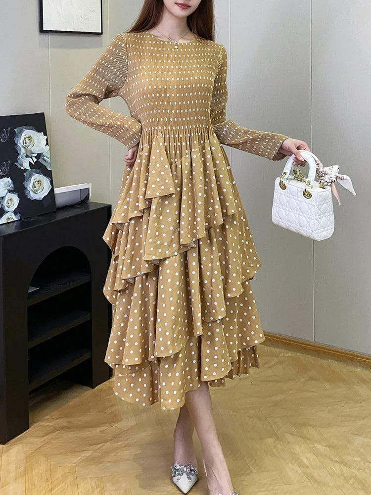 Women's Polka Dot Dress  Design Long Sleeves Ruffles Elegant Dresses