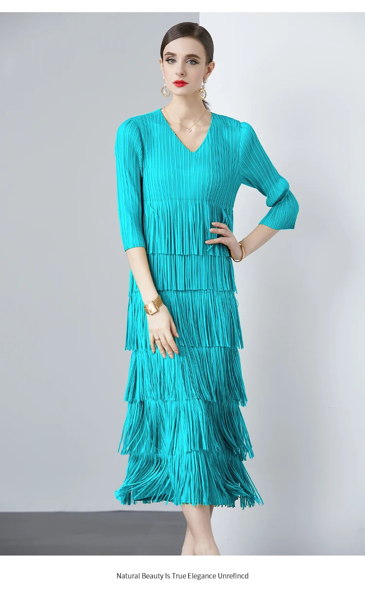 Miyake Fold  New V-neck Tassel Long Sleeve Scarf Tassel Solid Color Dress