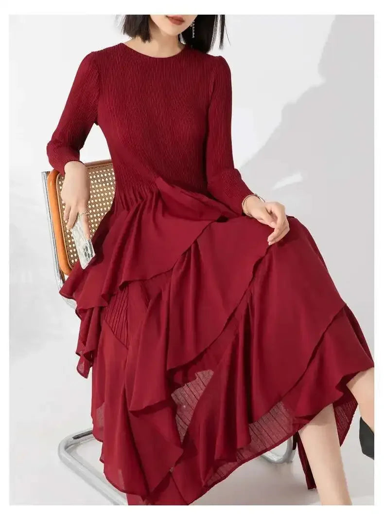 Miyake Elegant Pleated Long Dress for Women Round Neck Long Sleeves Ruffles A-line Dresses