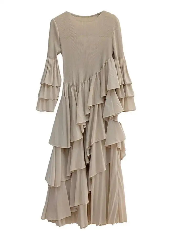 New Ruffles Pleated Dress Women Round Neck Flare Sleeves Loose Chic Long Length dress