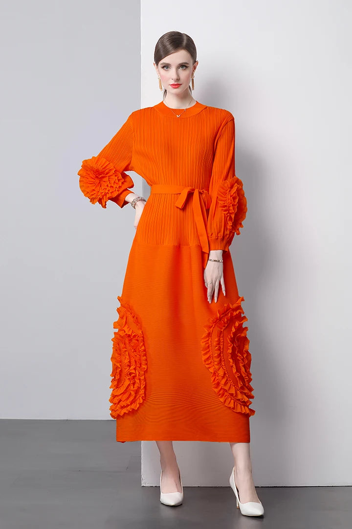 3D Flower Pleated Dress Bubble Sleeves High Waist Designer High-end Temperament Belt Long Dresses