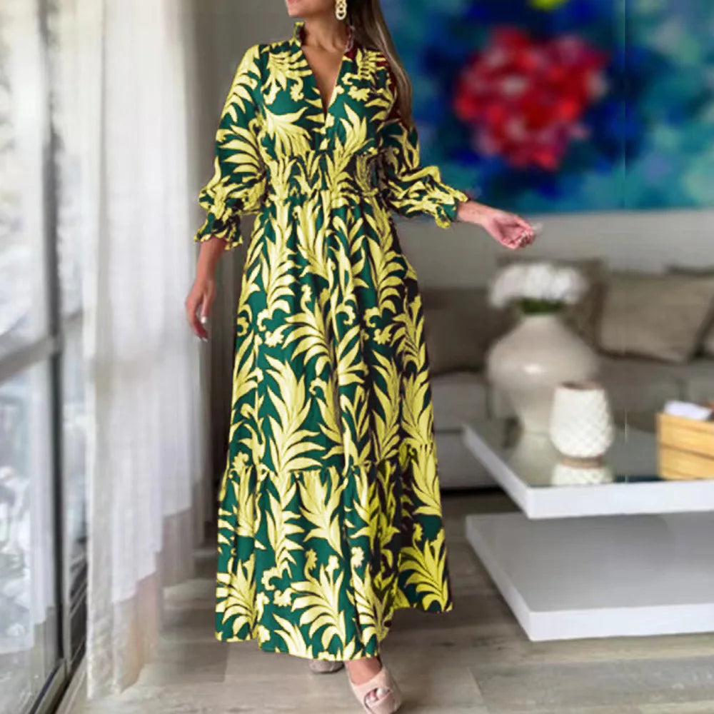 Waist  Pullover  Flower Printed Long Sleeve Autumn Winter New Long Dress Big Hem Dress Long Maxi