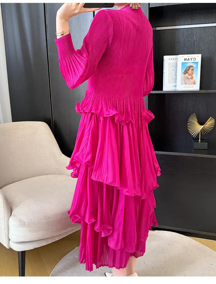 Pleated French Women's Dress  Chic New Ruffled High-End Design Long Sleeve dress
