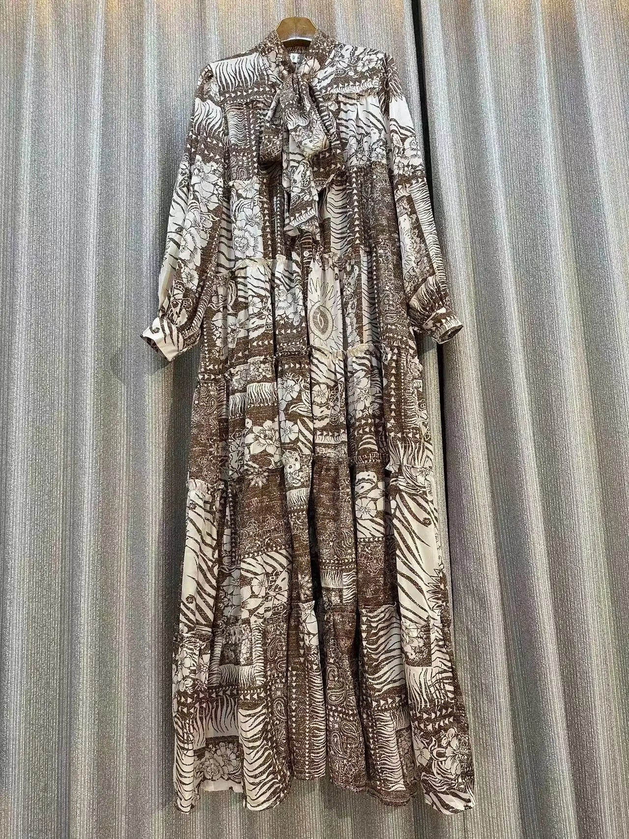 Luxury Dress For Women Print Dress Bow Neck Long Sleeve Loose Fashion  Evening  Swing Dress