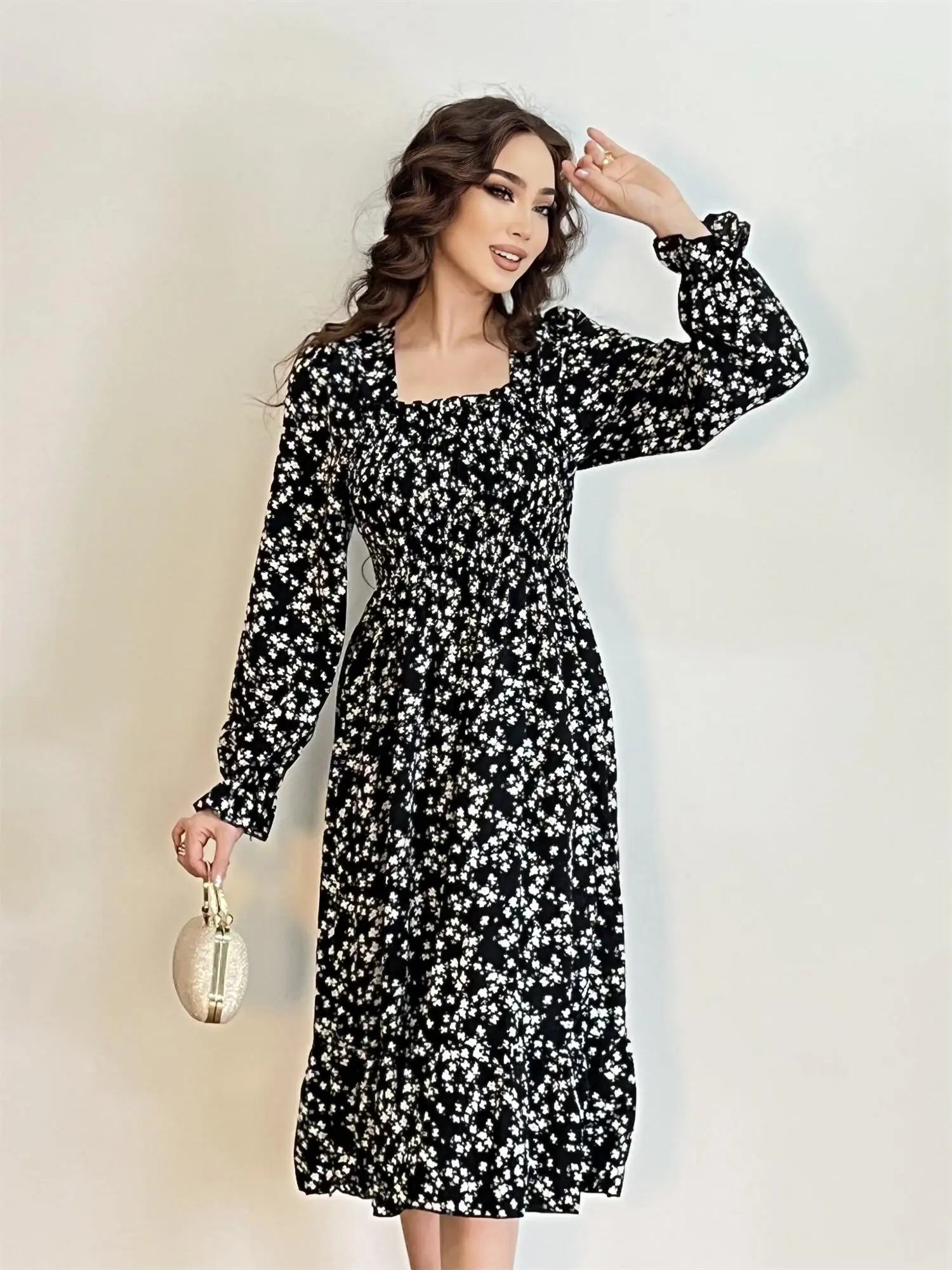 Autumn  Casual Dress Women Chiffon Dresses Long Sleeve A-line Printed Floral Elastic Chest Lace Up Midi Dresses