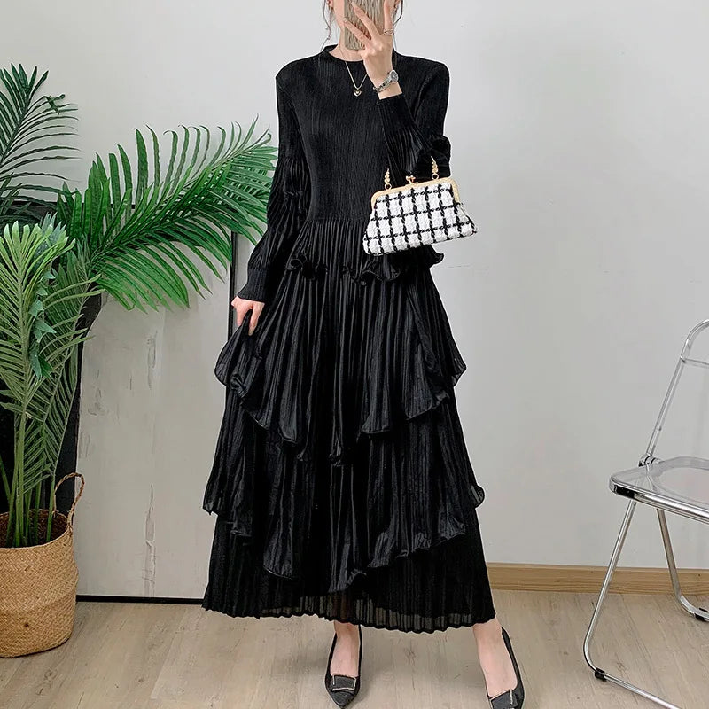 Pleated French Women's Dress  Chic New Ruffled High-End Design Long Sleeve dress