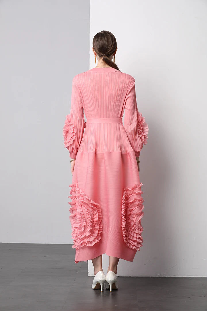 3D Flower Pleated Dress Bubble Sleeves High Waist Designer High-end Temperament Belt Long Dresses