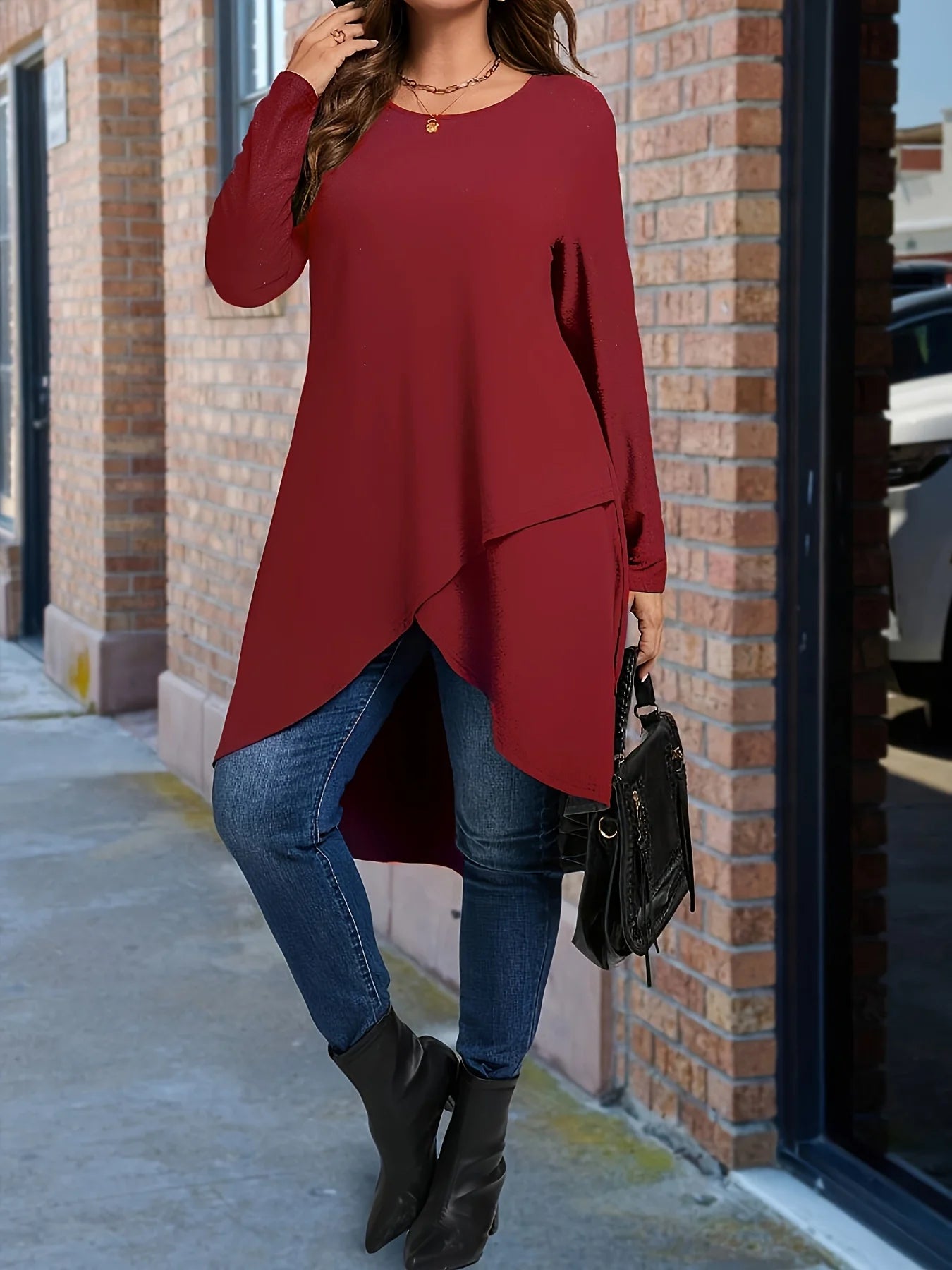 Plus Size Long Sleeve Elegant T-Shirt for Women Solid Color Crew Neck Asymmetrical Dipped Hem Top for Spring/Fall