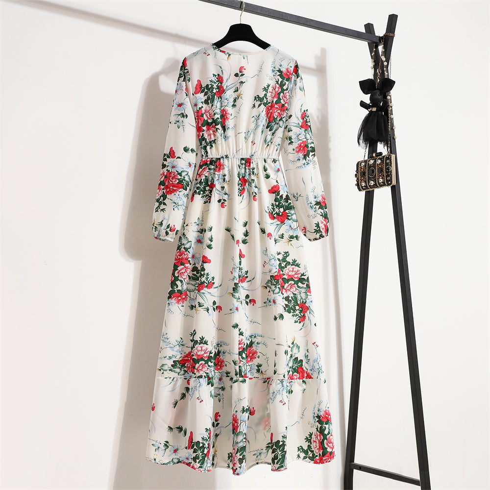 Women Maxi Dress Casual Long Sleeve High Waist   Chiffon Dress