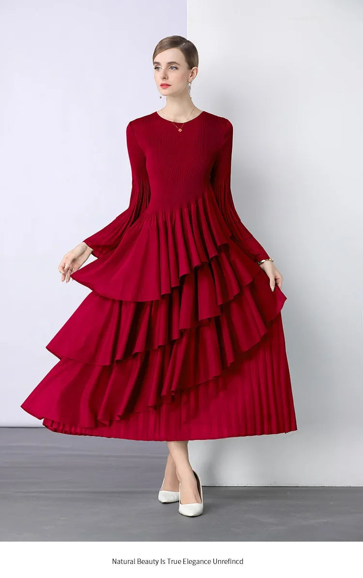 Chiffon  Long Sleeve Empire Waist Dress Draped Skirt Heavy Embellishment  Leaf Edge  Style Dress
