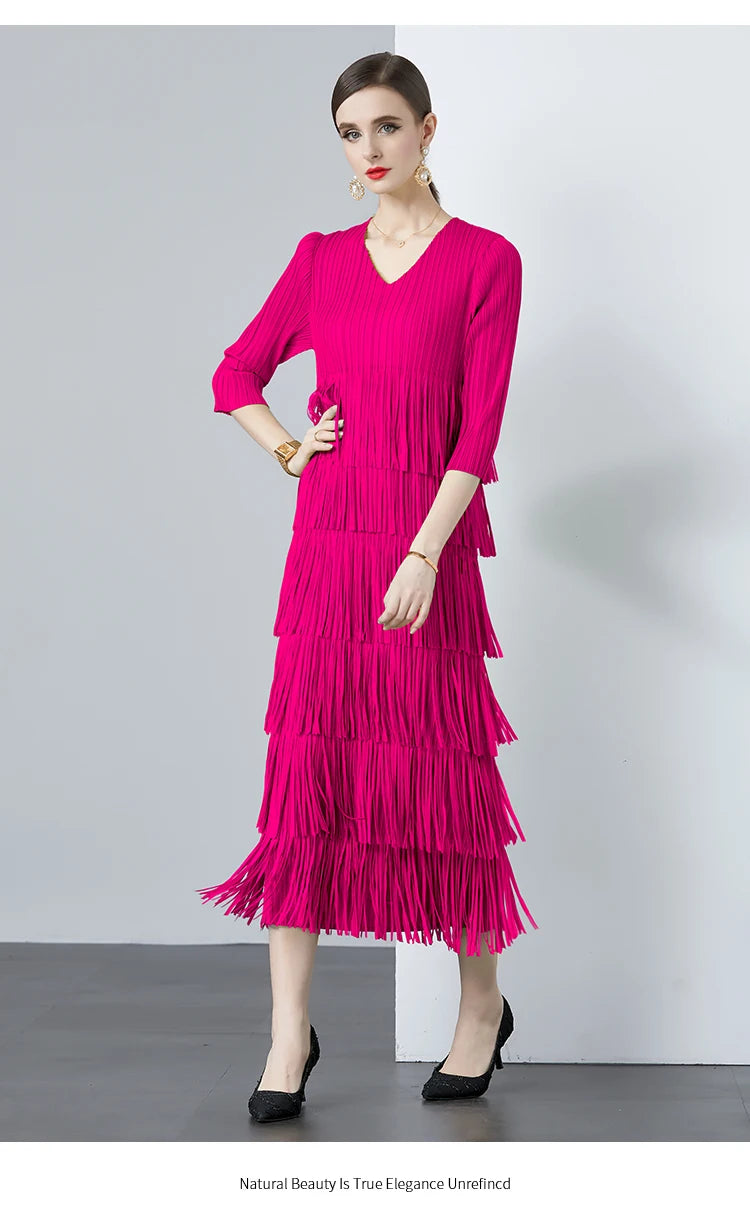Miyake Fold  New V-neck Tassel Long Sleeve Scarf Tassel Solid Color Dress