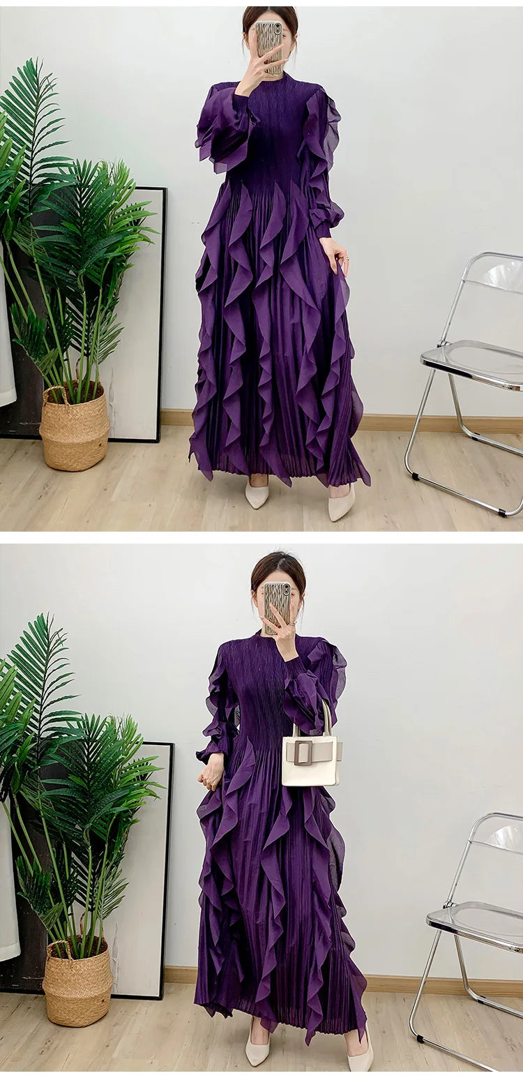 Fashion Ruffles Pleated Dress Women Round Neck Flare Sleeves Solid Maxi Dress