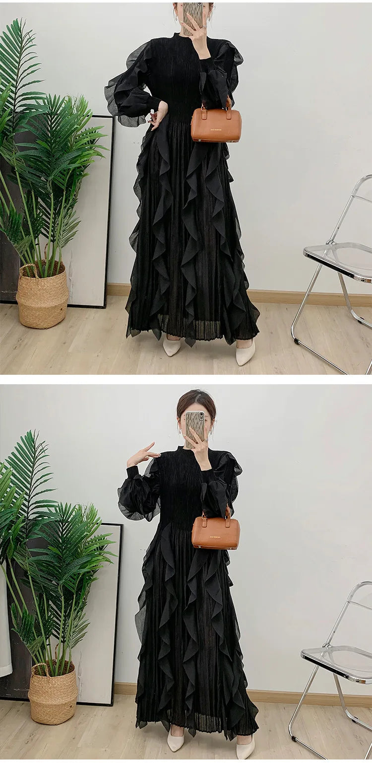 Fashion Ruffles Pleated Dress Women Round Neck Flare Sleeves Solid Maxi Dress