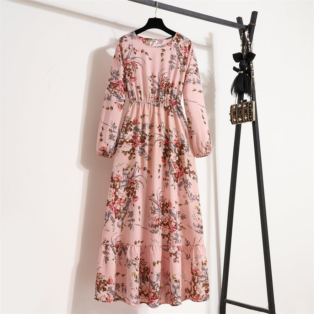 Women Maxi Dress Casual Long Sleeve High Waist   Chiffon Dress