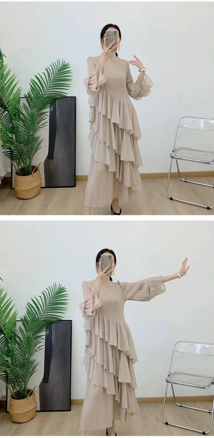 New Ruffles Pleated Dress Women Round Neck Flare Sleeves Loose Chic Long Length dress