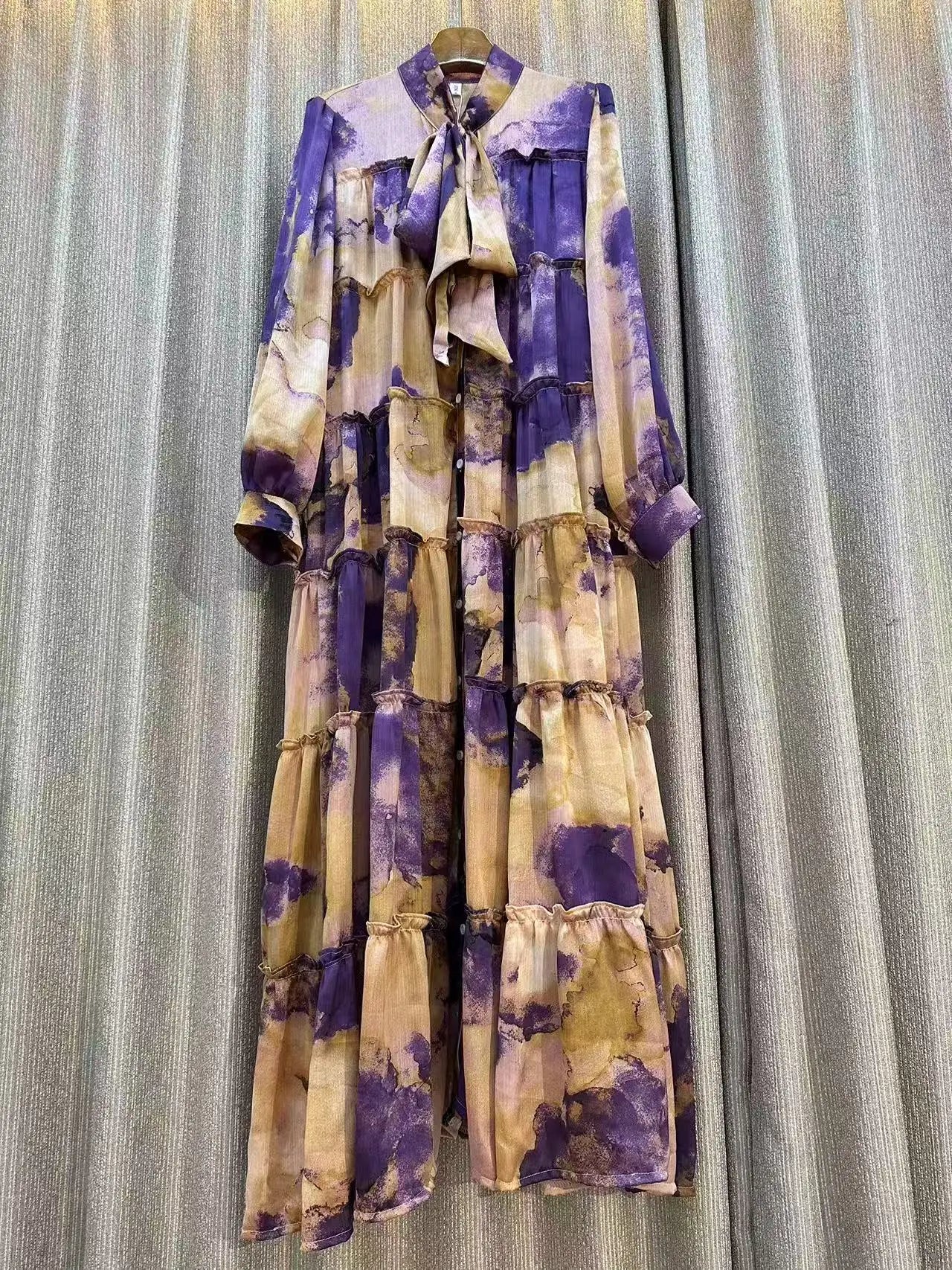 Jarlrysberg Luxury Women's Purple Print Dress  2025 Bow Neck Lantern Sleeve Ruffles Loose Fit Elegant Party Big Swing Robe