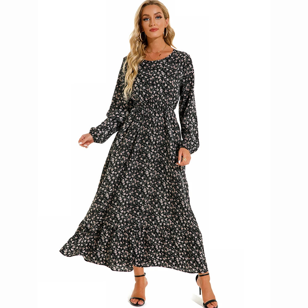 Women Maxi Dress Casual Long Sleeve High Waist   Chiffon Dress