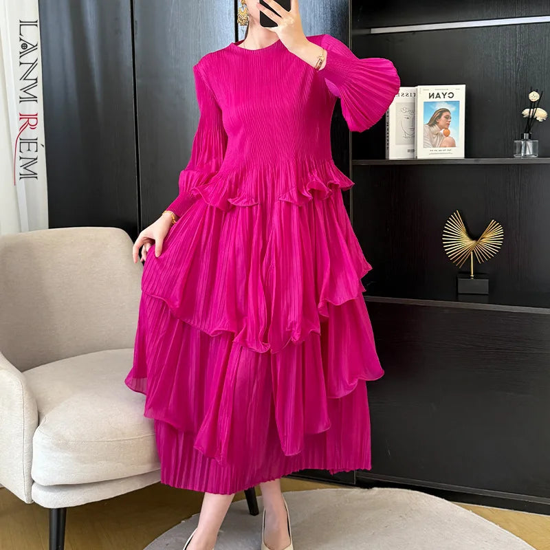 Pleated French Women's Dress  Chic New Ruffled High-End Design Long Sleeve dress