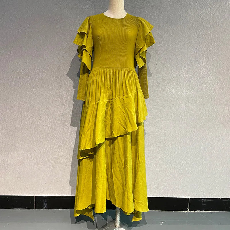 Fashion Pleated Long Dress  Design Sense Crew-neck Long Sleeve Pleated Dresses