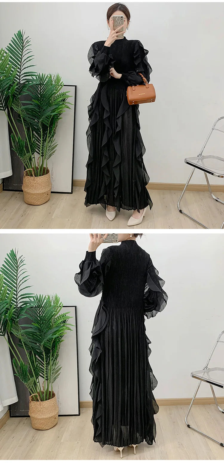 Fashion Ruffles Pleated Dress Women Round Neck Flare Sleeves Solid Maxi Dress