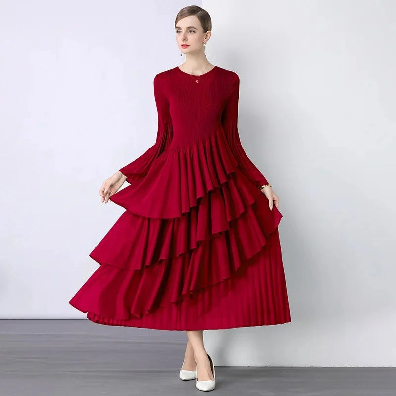 Chiffon  Long Sleeve Empire Waist Dress Draped Skirt Heavy Embellishment  Leaf Edge  Style Dress