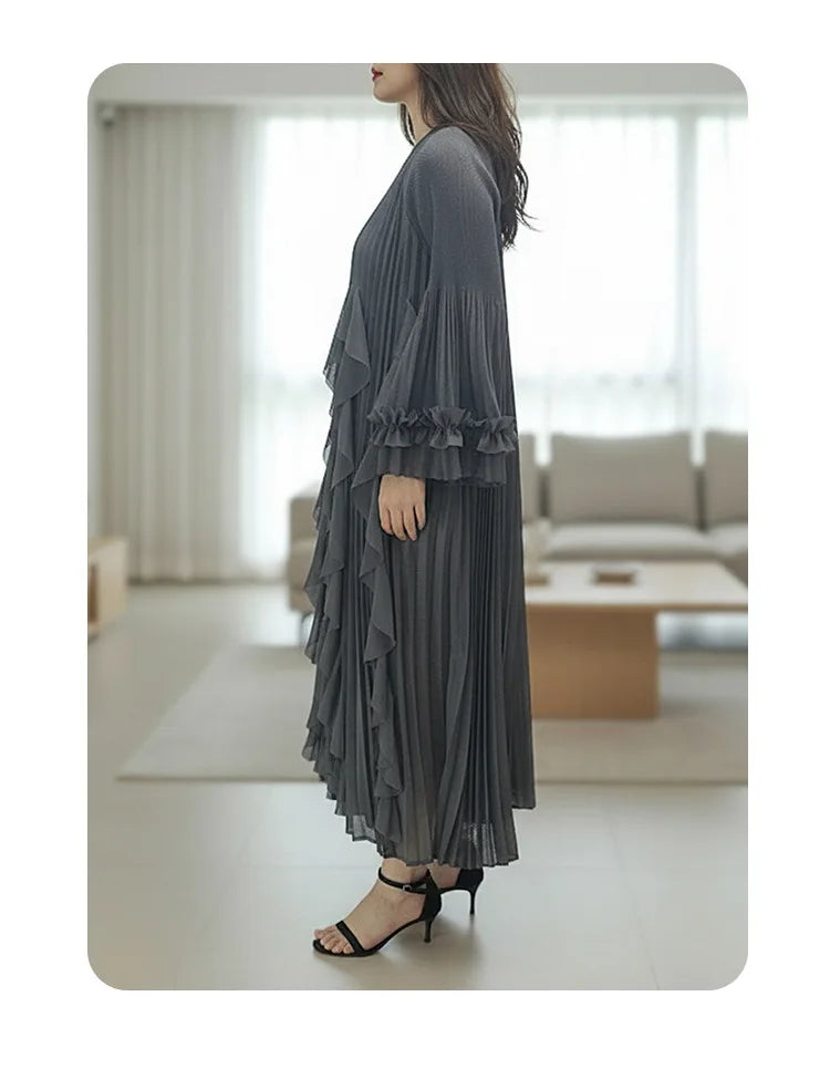 Ruffled Patchwork Design Women's Pleated Dress Loose