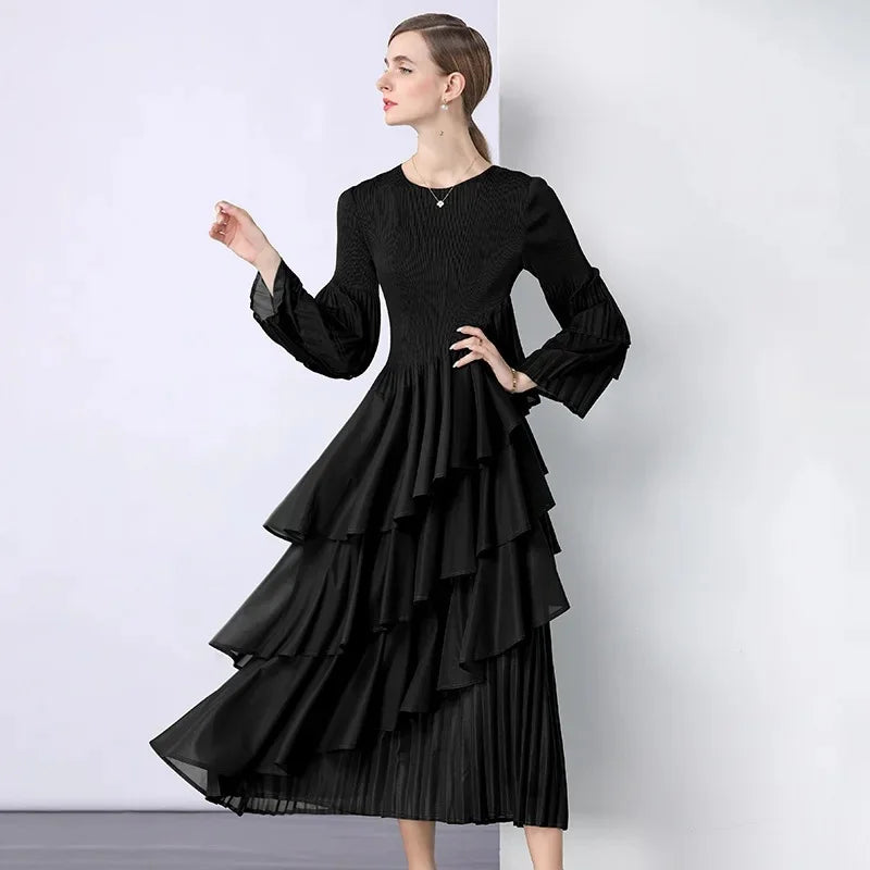 Chiffon  Long Sleeve Empire Waist Dress Draped Skirt Heavy Embellishment  Leaf Edge  Style Dress