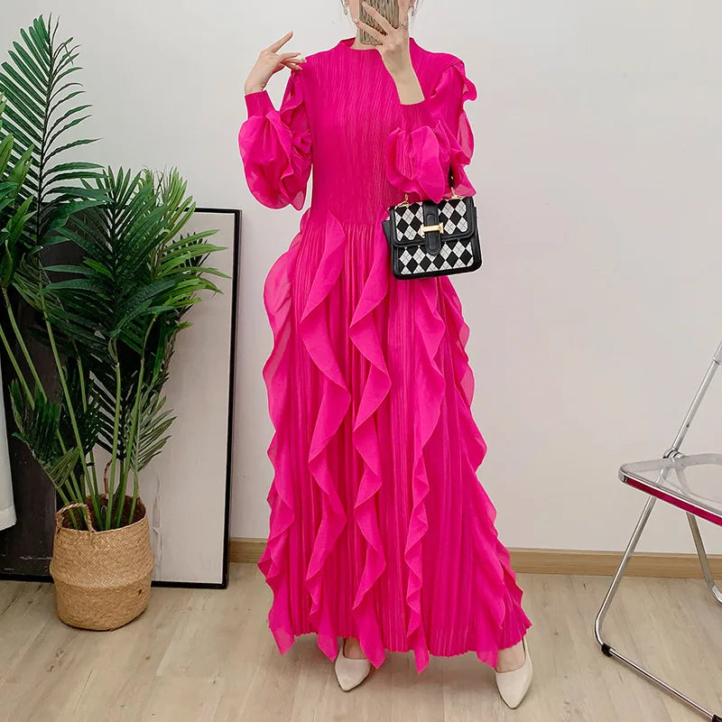 Fashion Ruffles Pleated Dress Women Round Neck Flare Sleeves Solid Maxi Dress
