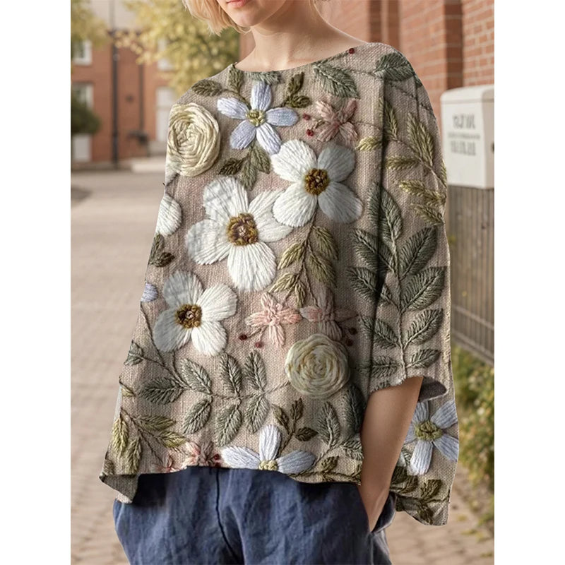 Plus Size Floral Printed Imitation Linen Women’s Vintage T-Shirt Round Neck 3/4 Sleeve Loose Summer Female Casual Daily Top Tees