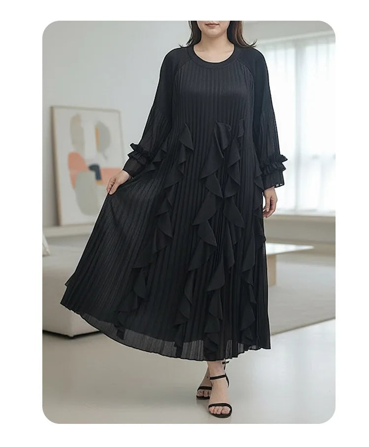 Ruffled Patchwork Design Women's Pleated Dress Loose