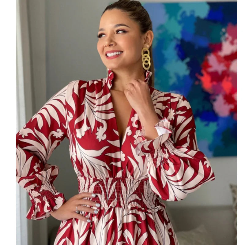 Waist  Pullover  Flower Printed Long Sleeve Autumn Winter New Long Dress Big Hem Dress Long Maxi