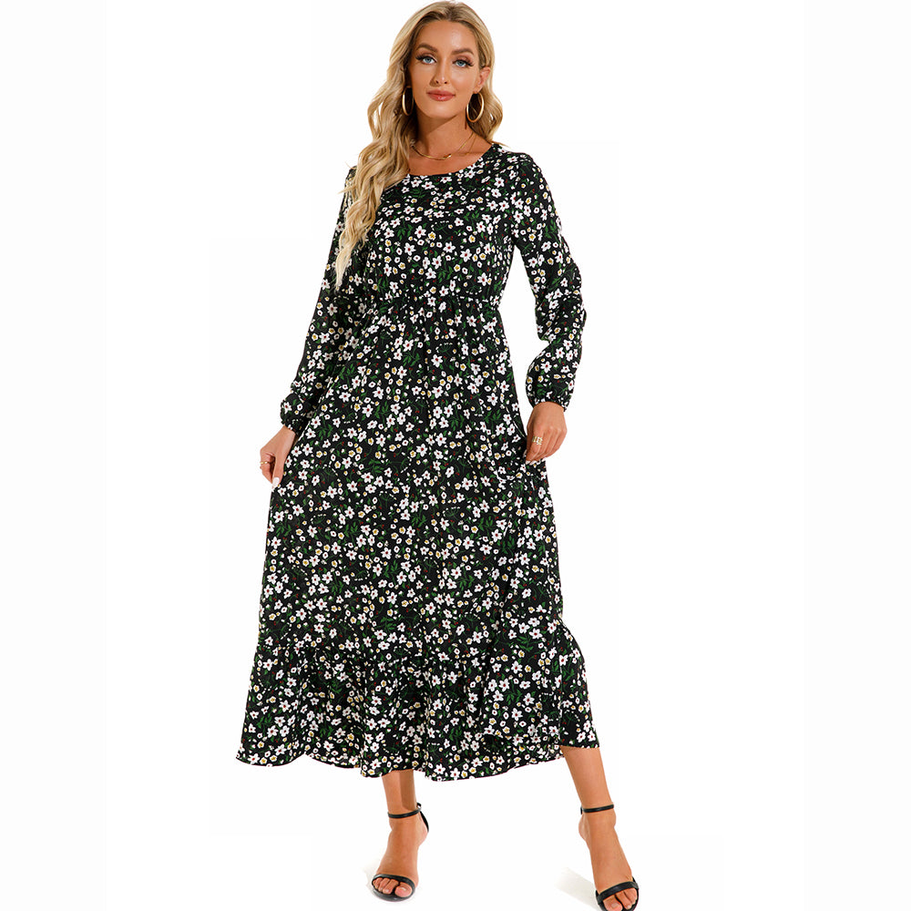 Women Maxi Dress Casual Long Sleeve High Waist   Chiffon Dress