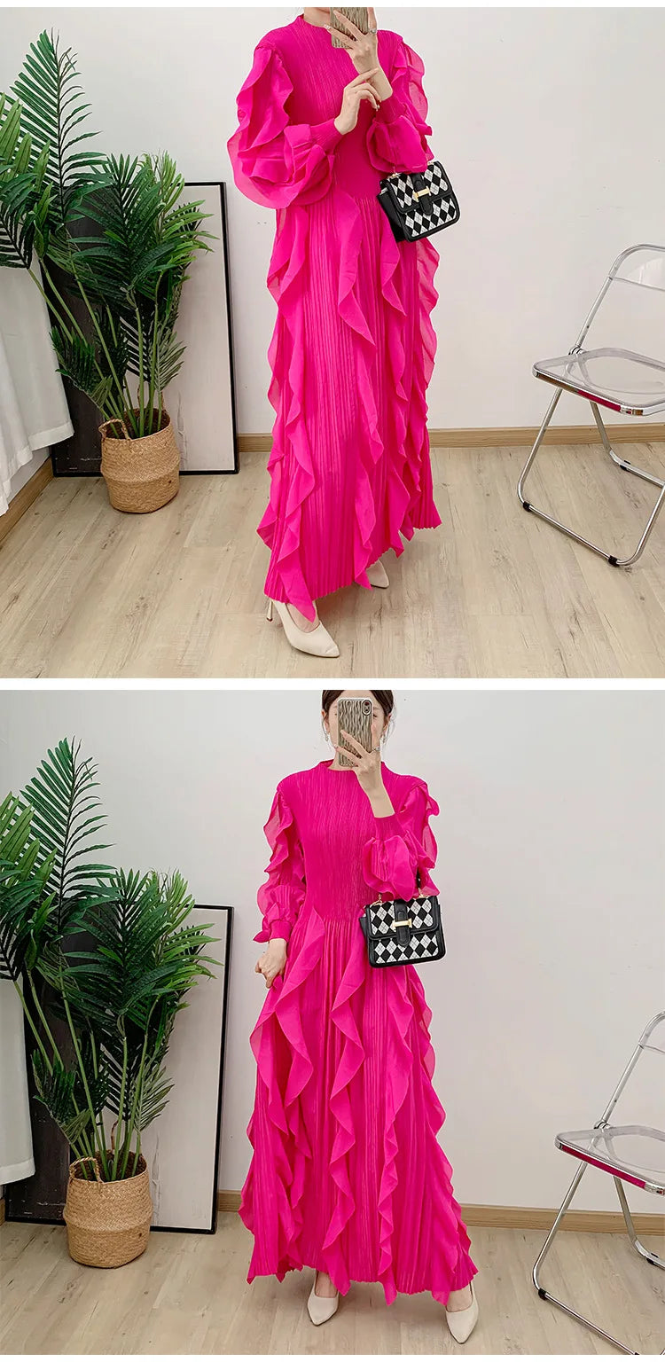Fashion Ruffles Pleated Dress Women Round Neck Flare Sleeves Solid Maxi Dress