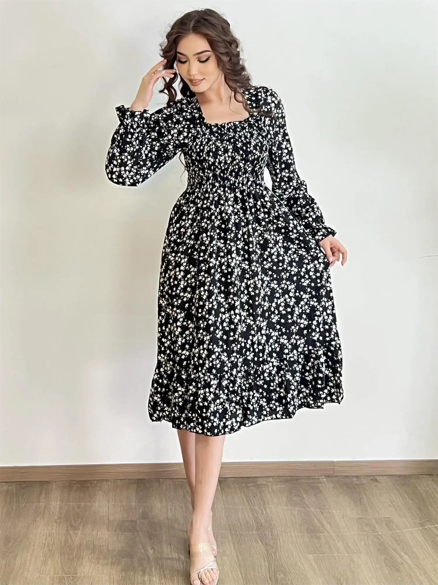 Autumn  Casual Dress Women Chiffon Dresses Long Sleeve A-line Printed Floral Elastic Chest Lace Up Midi Dresses