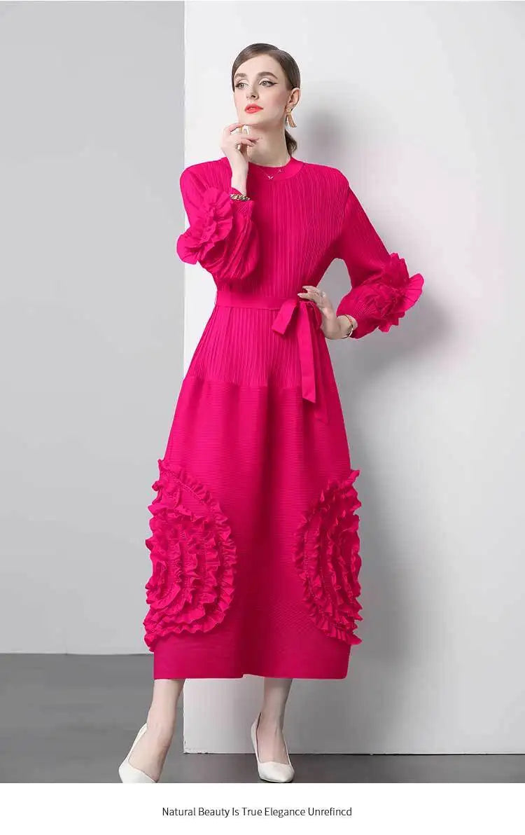 3D Flower Pleated Dress Bubble Sleeves High Waist Designer High-end Temperament Belt Long Dresses