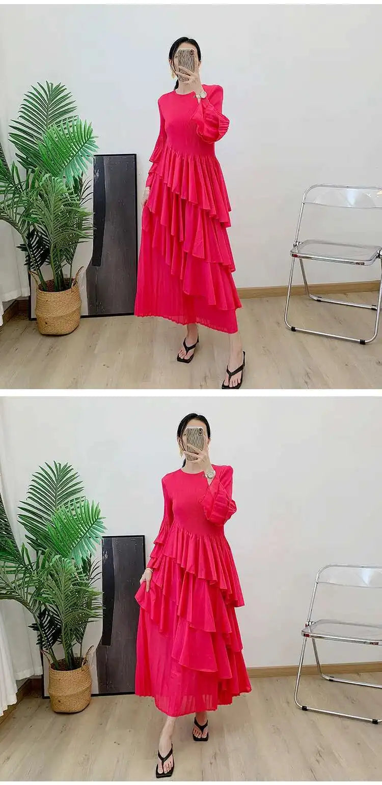 New Ruffles Pleated Dress Women Round Neck Flare Sleeves Loose Chic Long Length dress