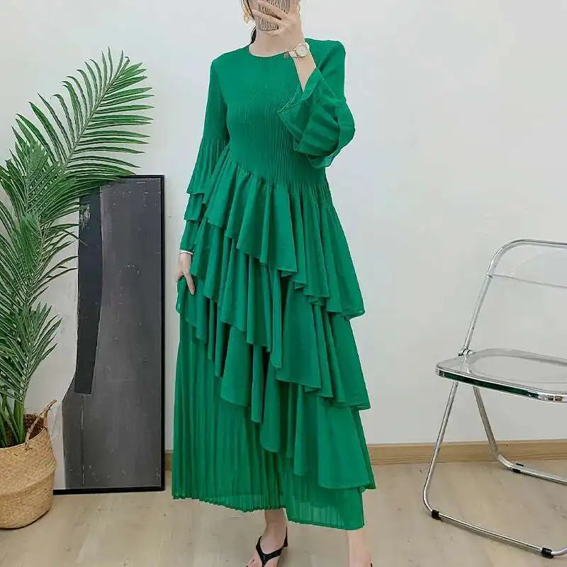 New Ruffles Pleated Dress Women Round Neck Flare Sleeves Loose Chic Long Length dress