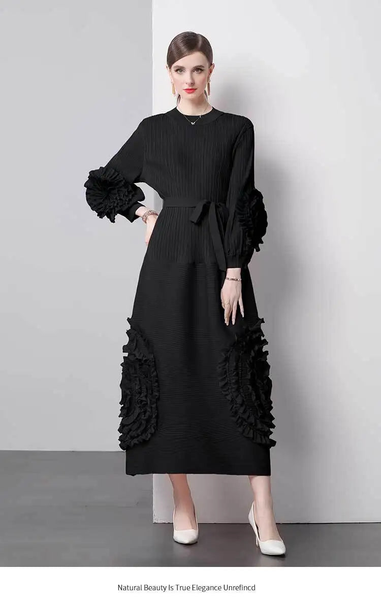 3D Flower Pleated Dress Bubble Sleeves High Waist Designer High-end Temperament Belt Long Dresses