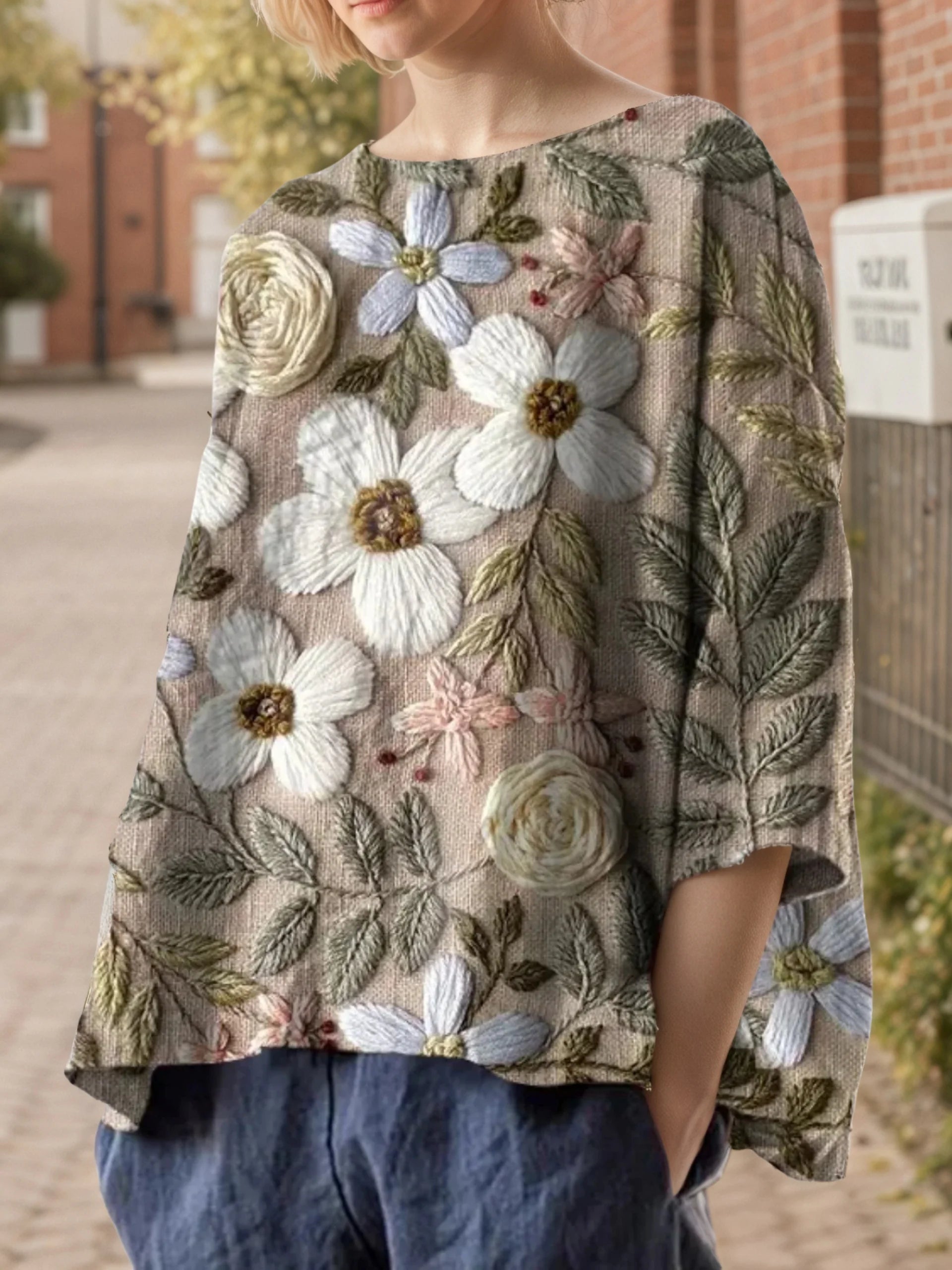 Plus Size Floral Printed Imitation Linen Women’s Vintage T-Shirt Round Neck 3/4 Sleeve Loose Summer Female Casual Daily Top Tees