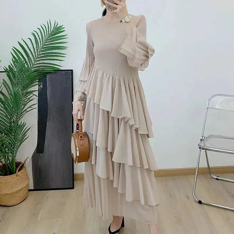 New Ruffles Pleated Dress Women Round Neck Flare Sleeves Loose Chic Long Length dress